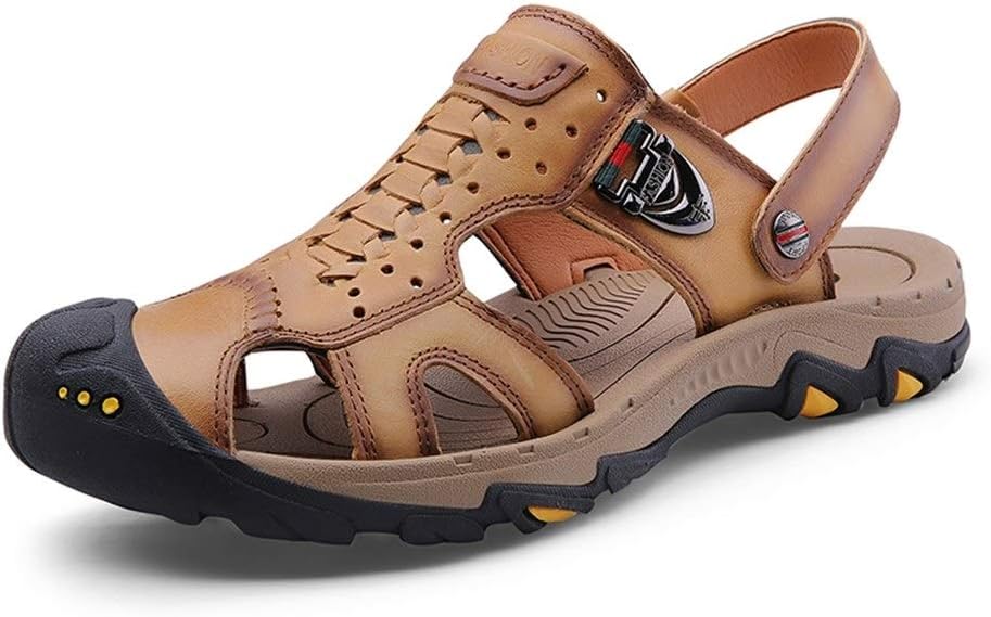 WATERMELON Summer Men's Shoes Outdoor Woodland Non-slip PU Water Shoes Closed Toe Dual-use Slippers (Color : Khaki, Size : 7.5 UK)