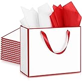 ReliThick 12 Pack Metallic Paper Gift Bag with Handles and Tissue Paper 11.8 x 10 x 4'' Thank You Favor Bag for St. Patrick's Day Wedding Bridesmaid Groomsman 5 Senses Gifts (White,Red)
