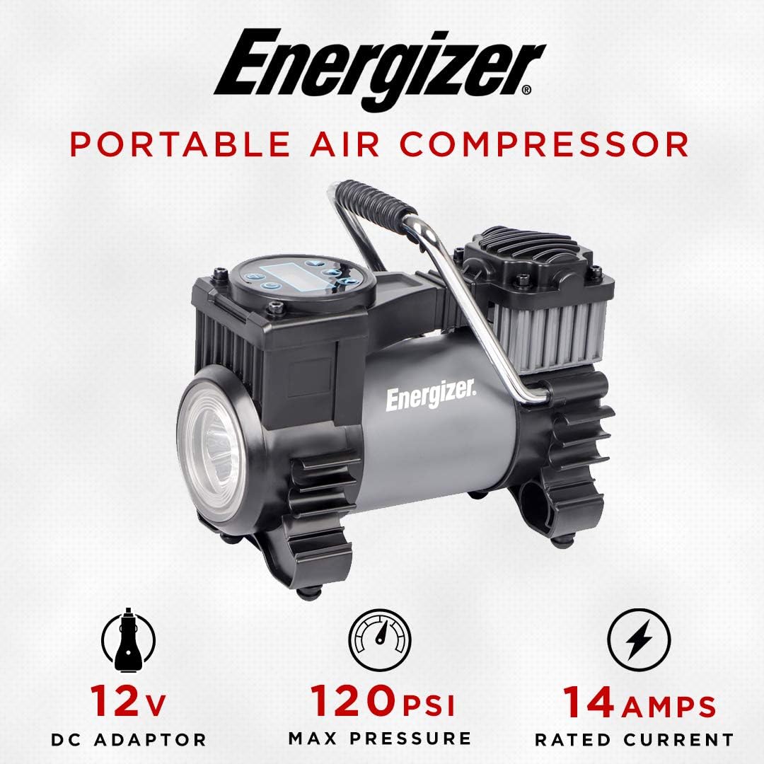 Energizer Portable Air Compressor Tire Inflator, 12V DC Air Pump for Car Tires with Auto Shut Off Function - 120 Max PSI, Preset Pressure Feature, Led Lighting, Digital LCD Display, and Carrying Case: Automotive