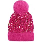 Caviotess Women Sparkly Sequins Knitted Beanie Hat Warm Winter Skull Cap with Faux Fur Pom Pom