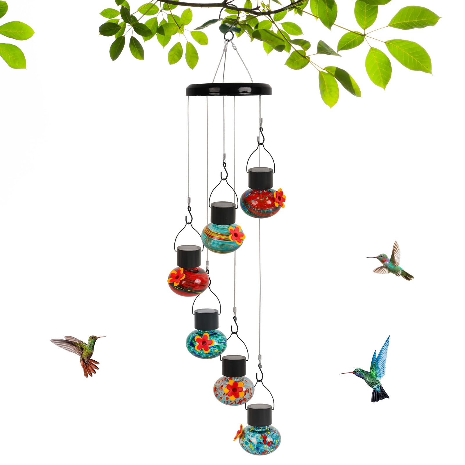 Photo 1 of PviFvi Solar Powered Wind Chimes Hummingbird Feeder with LED Light, Charming Hand-Blown Glass Bird Feeders for Outdoor, Leak-Proof, Ant & Bee Resistant, Perfect for Garden Decor