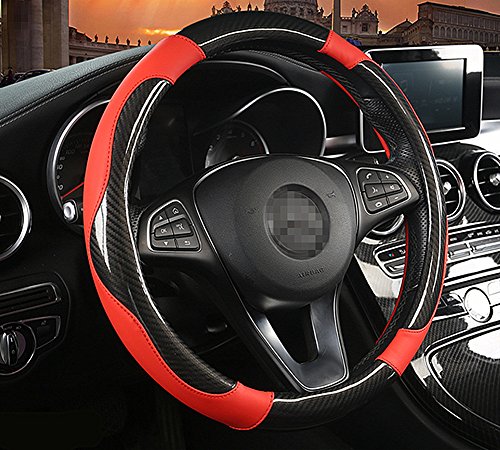 Moyishi Top Glossy Carbon Fiber Leather Steering Wheel Cover Universal Fit Soft Breathable Steering Wheel Wrap (Red)