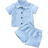 Baby Boys Clothes Set Toddler Infant Boys Button-down Shirt Tops + Cotton Gauze Shorts Summer Outfit 2PCS with Pockets