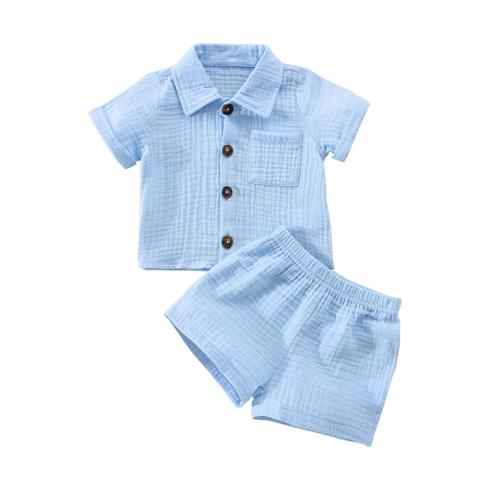 Photo 1 of Baby Boys Clothes Set Toddler Infant Boys Button-Down Shirt Tops + Cotton Gauze Shorts Summer Outfit 2PCS with Pockets (Blue, 18-24 Months)