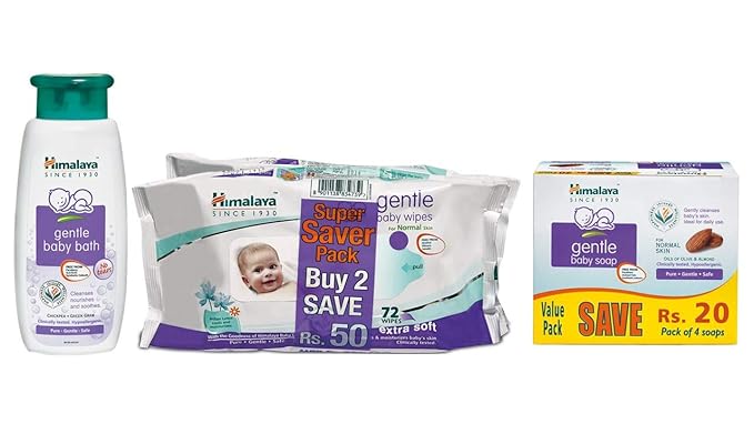 Himalaya Gentle Baby Wipes (72 Napkins of 2 Packs), Gentle Bath (400ml) and Gentle Soap Value Pack, 4 * 75g Combo