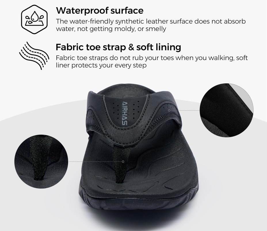 AIRHAS Mens Arch Support Walking Flip Flops Durable Comfort Outdoor Thong Sandals for Men Non Slip Summer Beach Sandals(Black, 9.5)