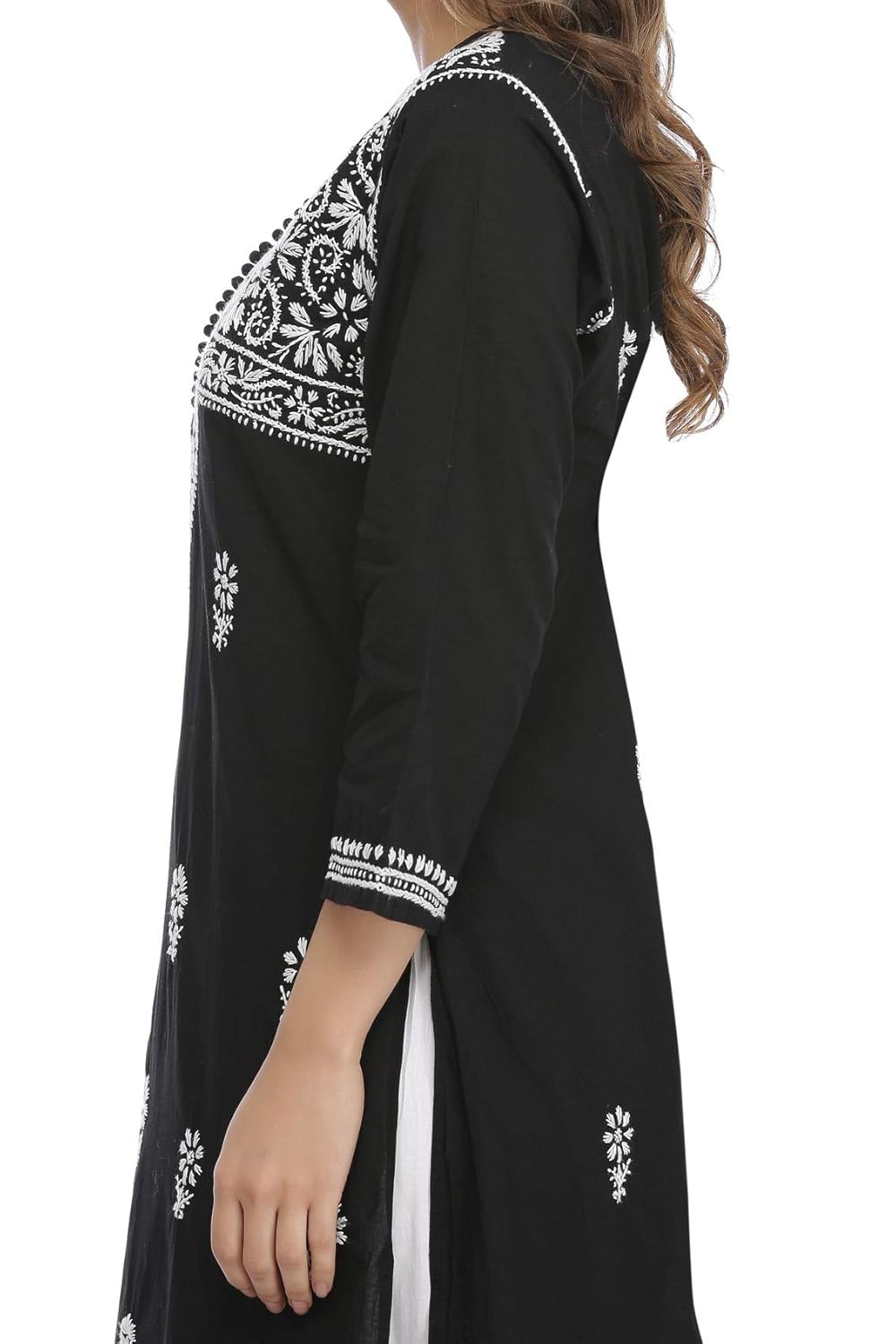 ada hand embroidered lucknow chikan womens cotton kurti kurta (a341075_black)