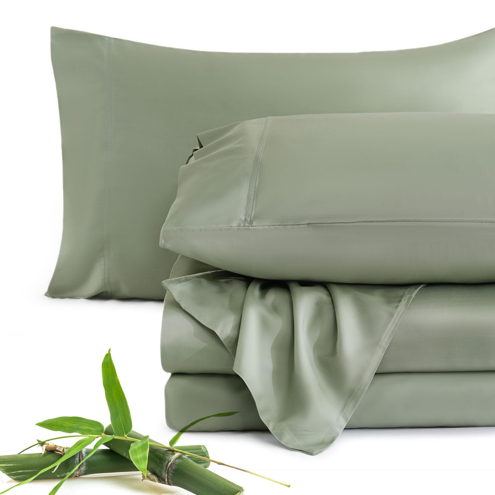 Photo 1 of JSD Sage Green 100% Viscose Derived from Bamboo Sheet Set Queen, Cooling Sheets for Hot Sleepers, Soft Silky Breathable Bed Sheets Extra Deep Pocket