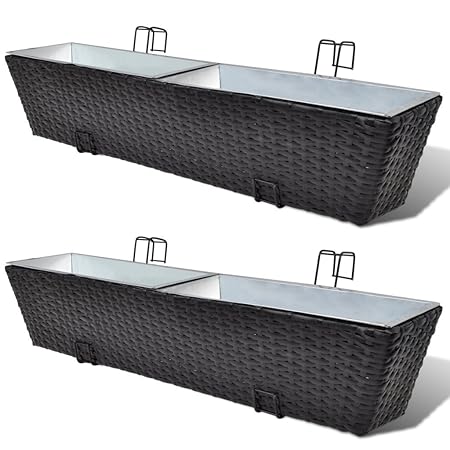 Anself 2 Set Rattan Blumenkasten Blumentopf mit Innenkasten 80 cm Schwarz