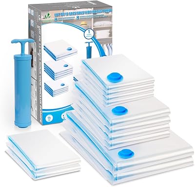 ® Sacchetti Sottovuoto Vestiti, 12 Pezzi Sacchetti Salvaspazio Riutilizzabili con Pompa per Lenzuola, Piumoni, Cuscini, Coperte, Viaggi