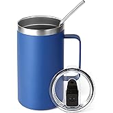 Volhoply 24oz Insulated Coffee Mug with Lid and Straw, Stainless Steel Travel Mugs with Handle, Double Wall Vacuum Leak Proof Coffee Tumbler Cup (Blue,1)