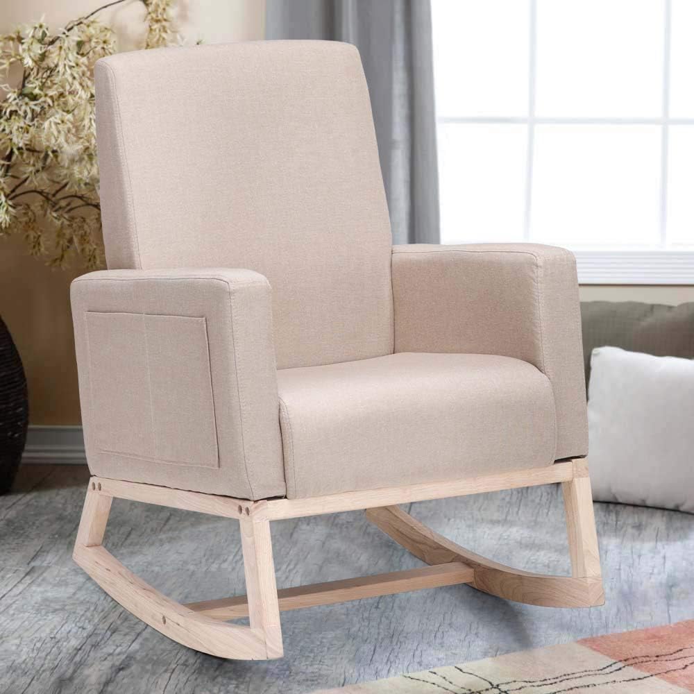 Chairs Seats Fabric Upholstered Nursery Rocking Chair Modern High Back Armchair Relax Leisure Chair Beige Home Kitchen