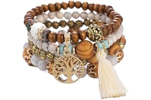 Boho Beaded Bracelet,Multi-Layer Wooden Beaded Bracelet,Elastic Bracelet,Tassel Bracelet Tourist Souvenir Tree Of Life Bracel