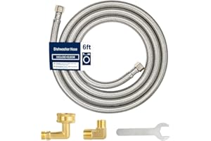 PLUMBINGMASTER 6FT Dishwasher Hose with Elbow – Stainless Steel Braided Supply Line, 3/8" Compression to 3/8" Elbow, Universal Fit, Burst Proof, NSF/Lead-Free Certified, 10-Year Warranty
