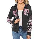 AK Women's Full Zip Long Sleeve Embroidered Sweatshirt Floral Boho Embroidered Mexican Hoodie Fall Winter Coat Tops Jackets