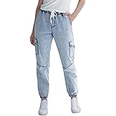 Women's Cargo Joggers Pants with Pockets - High Waisted Elastic Waist Jeans with Drawstring, Stretchy Comfort Fit
