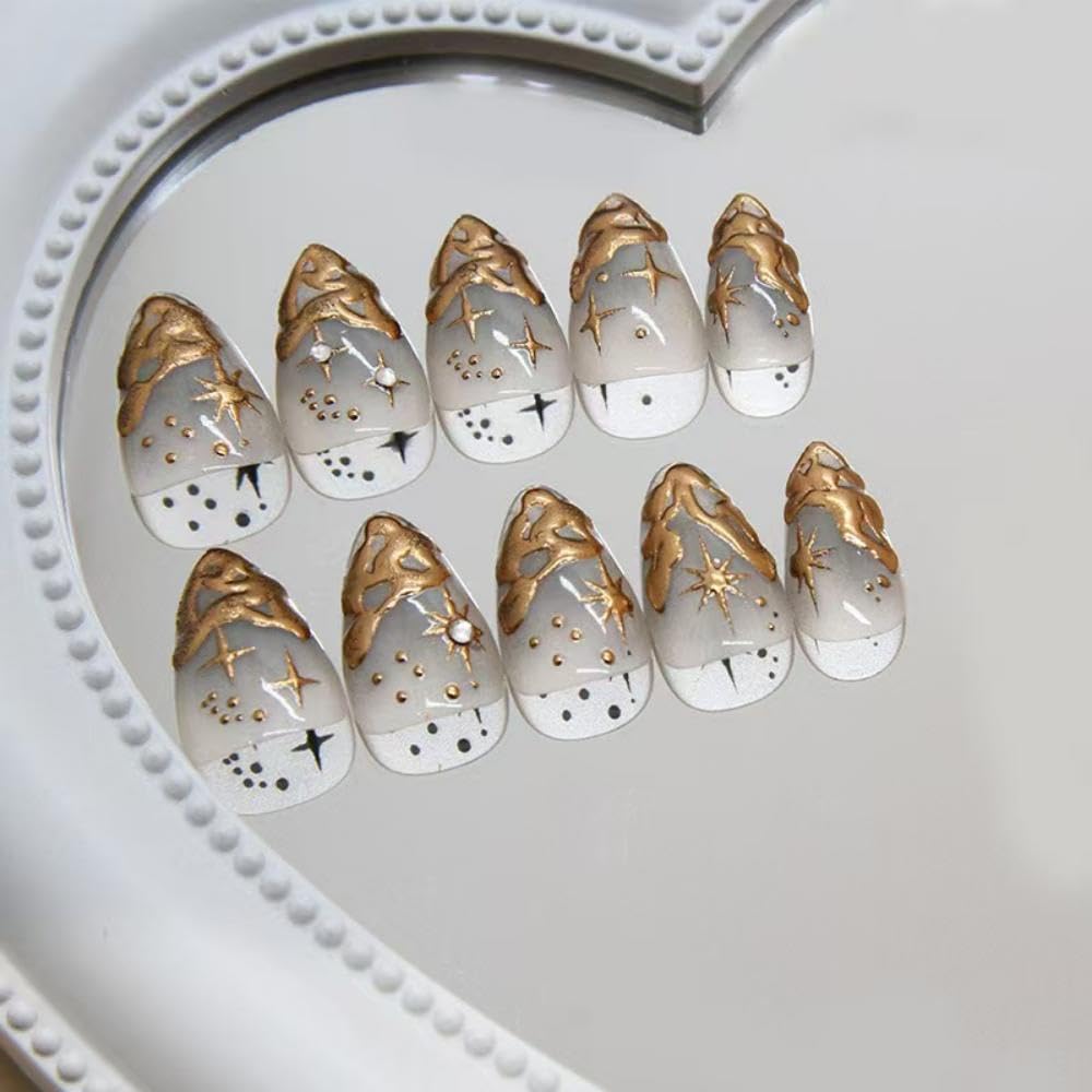 Gold French Tip Press on Nails Short Almond Fake Nails Nude False Nails With 3D Gold Irregularity Chrome Design Glue on Nails Glossy Acrylic Full Cover Star Moon Stick on Nails for Women 24Pcs - Image 3