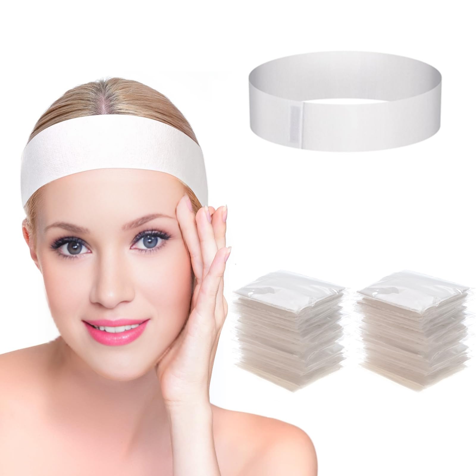 BERRYLION 50pcs Disposable Spa Facial Headbands, Stretch Non-Woven, Elastic Hair Wraps with Adjustable Magic Tape, Soft Skin Care Essentials for Spa, Makeup, Hair Salon