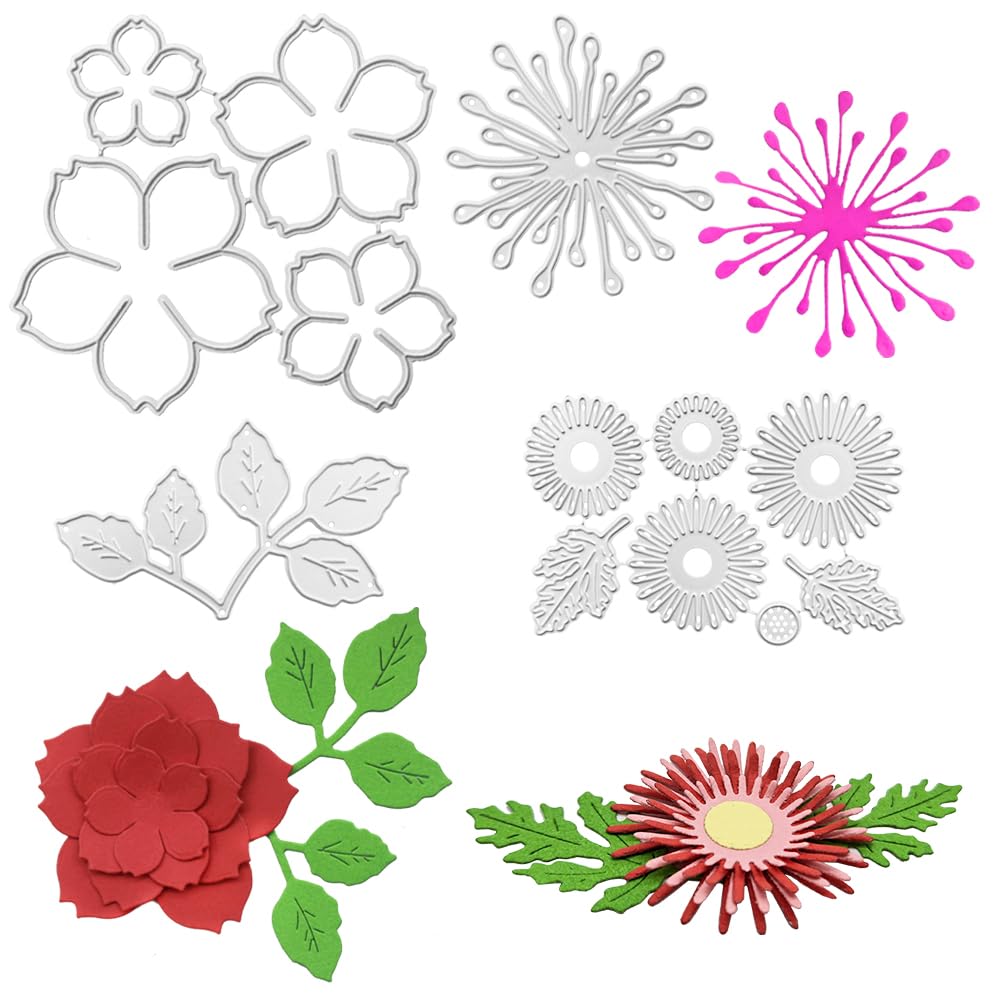 AFUNTA Rose Flower Die Cuts for Card Making, 4 PCS 3D Flower Leaf Metal Cut Stencils for Scrapbooking Album Decorative