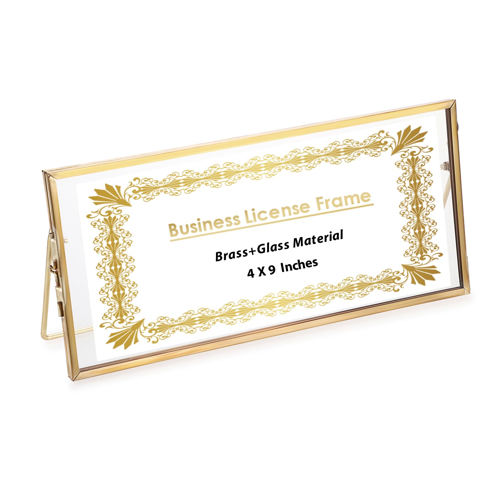 Photo 1 of JUXYES Tabletop Business License Frame Brass License Certificate Display Frame, Double Glass Floating Diploma Frames, Desktop Golden Graduation Frames for 4x9 and 3.5x8.5 Certificate Business