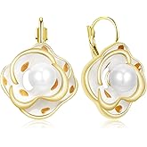 JIMARIN Bohemian Gold Pearl Rose Flower Leverback Earrings Cute Dainty Enamel Floral Dangle Drop Earrings for Women
