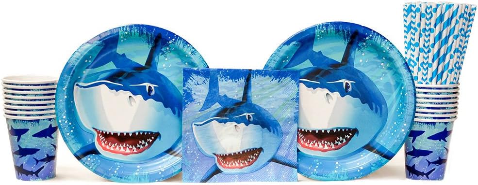 Shark Splash Birthday Party Supplies Pack for 16 Guests | 24 Paper Straws, 16 Dinner Plates, 16 Luncheon Napkins, and 16 Paper Cups | Perfect Shark Party Supplies for a Shark Week Party!