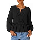 ZESICA Women's Long Sleeve Babydoll Tops Crewneck Tie Front Casual Loose Ruffle Flowy Peplum Shirts 2026 Fall Blouses