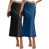 Velvelhall 2 Pack Womens Satin Midi Skirts Silk a Line Hidden Elastic High Waist Elegant Casual Flowy Long Skirts
