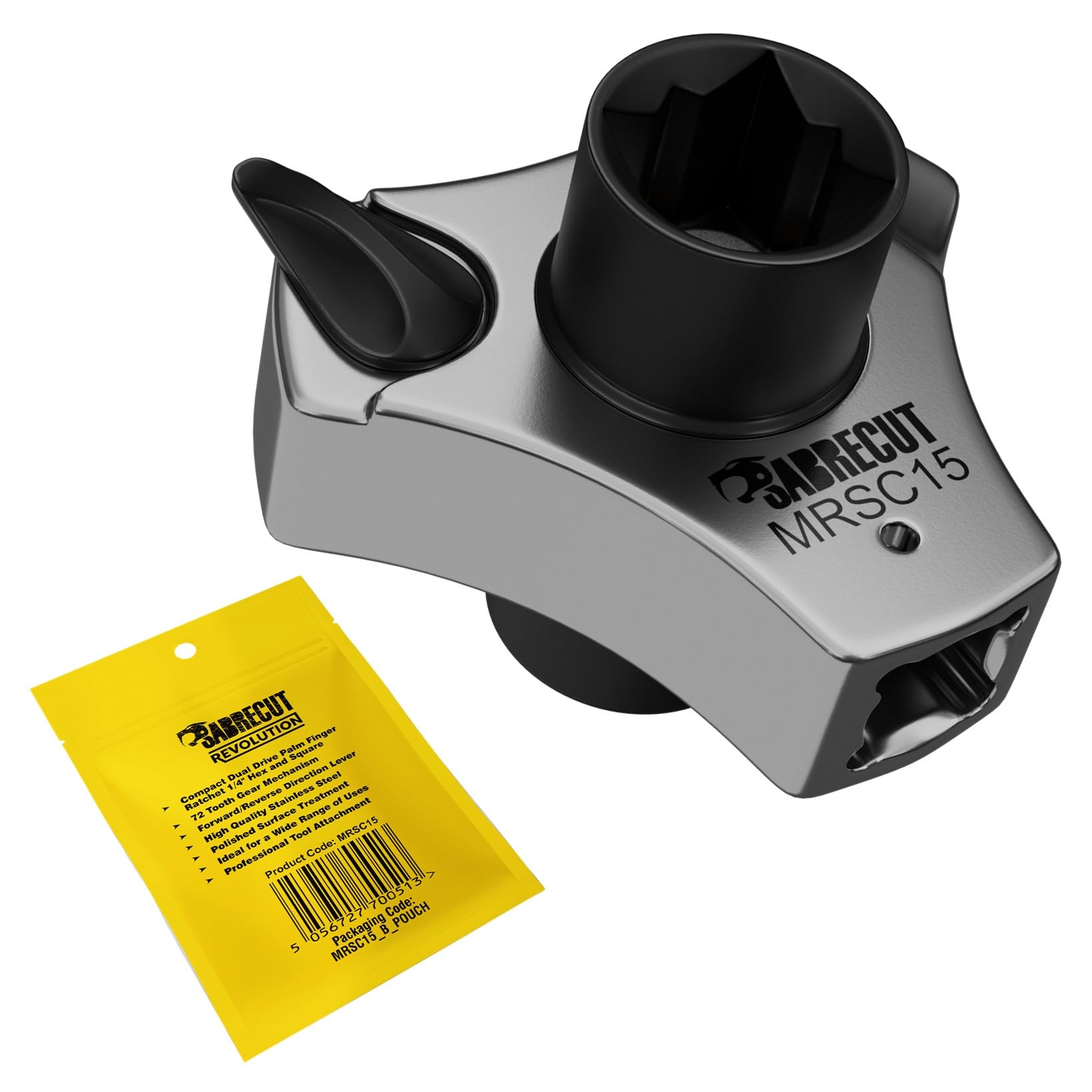 SabreCut 1 x MRSC15 Compact Dual Drive Palm Finger Ratchet - 1/4" Hex and Square Drive, 72 Tooth Gear High Torque Ratchet (27.5Nm) Professional Stainless Steel Tool