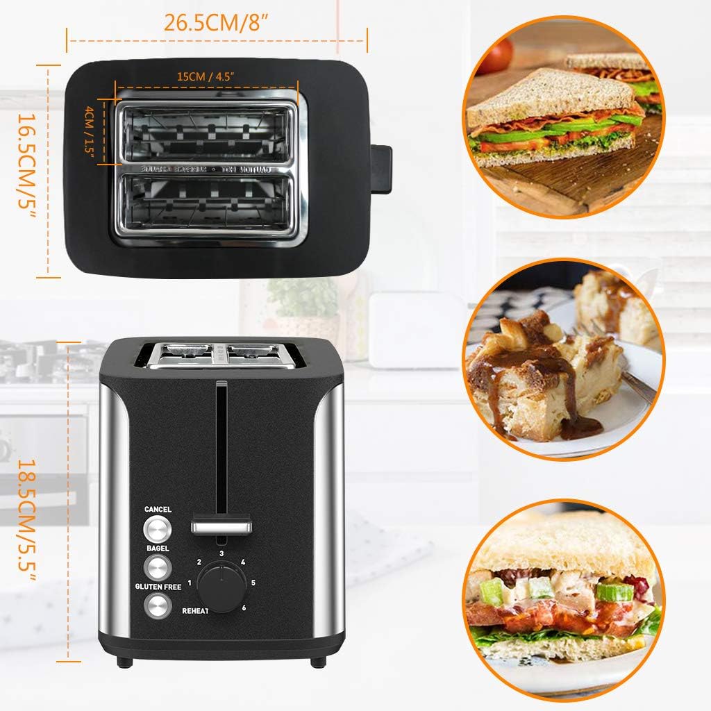 2 Slice Toaster Stainless Steel Bread Toasters 7 Toasting Browning Shade Settings with Extra Wide Slot and Removable Crumb Tray, Bagel/Cancel/Gluten Free/Reheat Function, 900 Watt, Sliver&Black: Kitchen & Dining