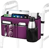 FINPAC Large Walker Tote Bag with Cup Holder, Folding Walker Attachment Hands-Free Storage Basket Mobility Aid Accessory Pouch for Elderly, Senior, Purple