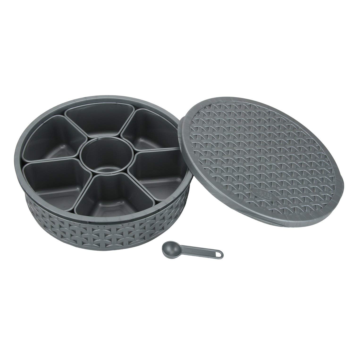 Plastic Masala Box, Spice Box, Masala Dabba, Authentic Indian Masala Dabba perfect for your spice storage with 7 containers and a FREE serving spoon (Silver)