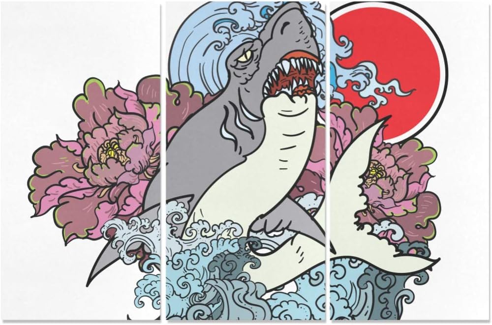 Amazon Com 3 Panel Wall Paintings For Bathroom Japanese Shark Tattoo Peony Flower Print Wall Painting Wall Decor 3d Canvas Wall Art For Home Living Room Bedroom Bathroom Wall Decor Posters Posters
