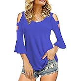 Florboom Womens Cold Shoulder Top Summer Basic T Shirts 3/4 Sleeve Casual Blouse Tshirts