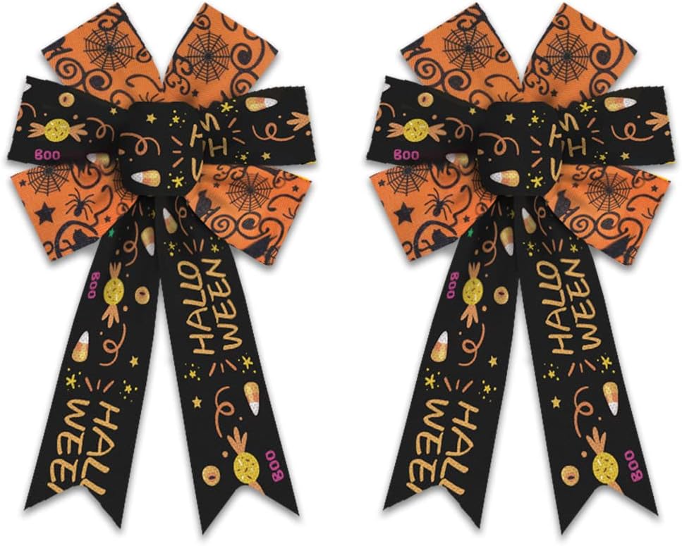 Bows & Ribbons - 2PCS Halloween Wreath Bows, Halloween Spider Web Bows for Wreath Black Farmhouse Bow for Front Door Ornaments Candy Decorative Bows Orange Tree Topper Bows for Halloween Home Indoor Outdoor Decor