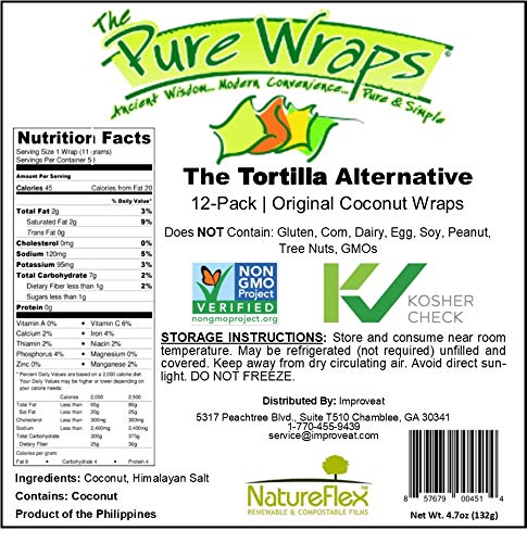 12 Count Pure Wraps, Paleo Coconut Wraps, Original Flavor, (1 Pack of 12 Wraps)