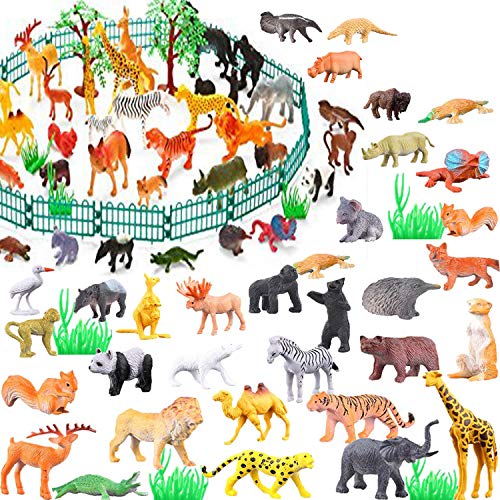 OuMuaMua 65 Pieces Animal Figures Toy Set - Plastic Mini Educational Jungle Animal Toys for Boys Girls Kids Toddlers Farm Small Animals. Includes 44 Mini Animal Figures,16 Fences, 4 Grass and 1 Trees