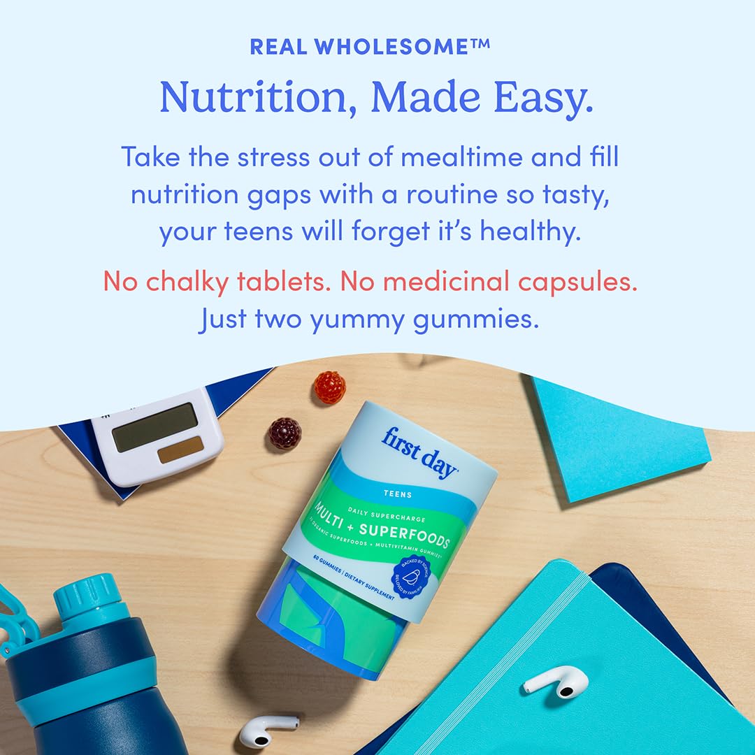 FIRST DAY Vitamins for Teens - Teen Multi Vitamins for Girls & Boys 12-17, Organic Fruit & Veggie Blend - 12 Key Nutrients: Vitamins A, B1, B2, B6, B9, B12, C, D3, E, K2-30 Day Supply