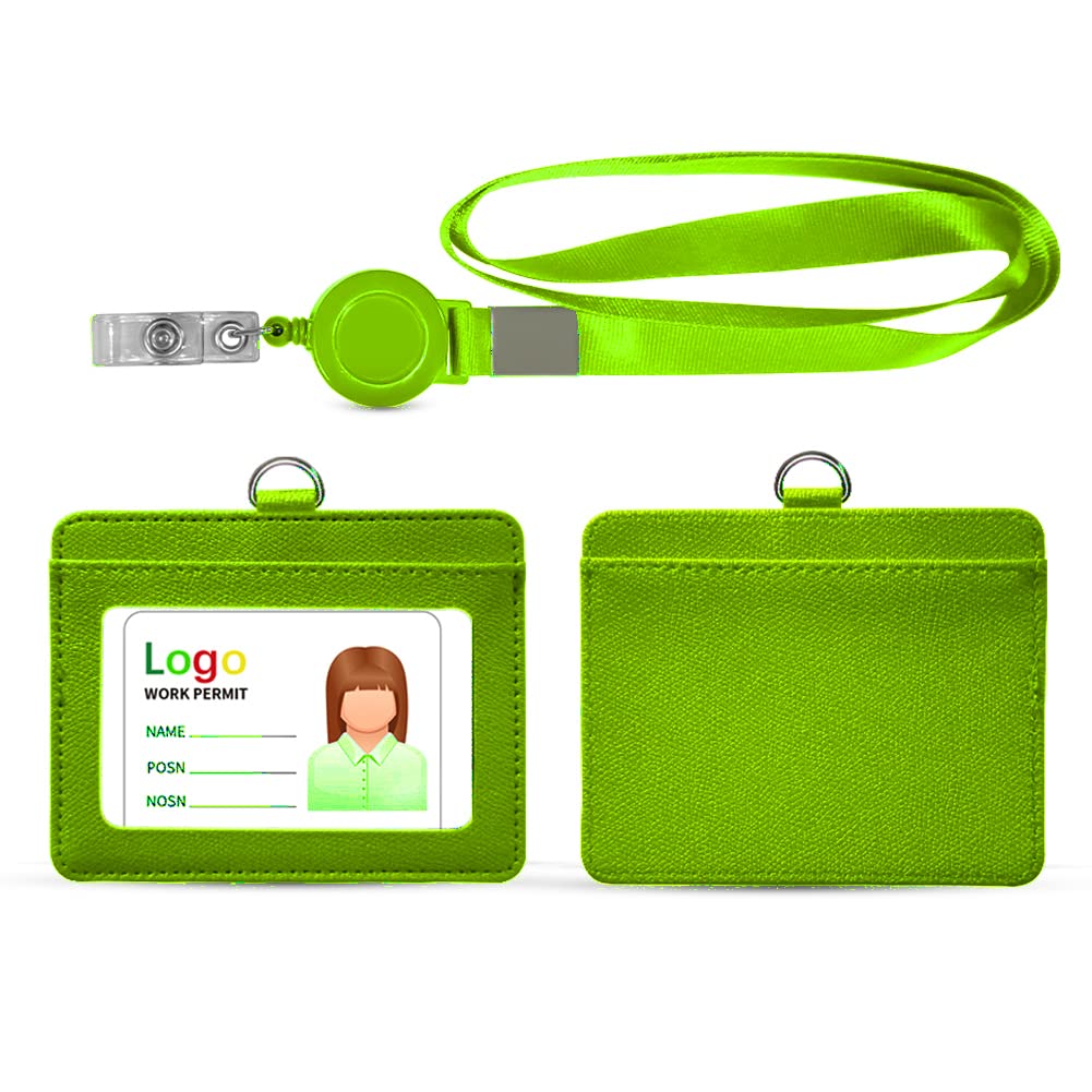 HYCOPROT ID Badge Holder 2-Sided Pu Leather with 1 Id Window and 1 Card Slot and 1 Piece 34.8 Inch Detachable Neck Lanyard id Card Holder for Office School Business Travel Student (Green, Horizontal)