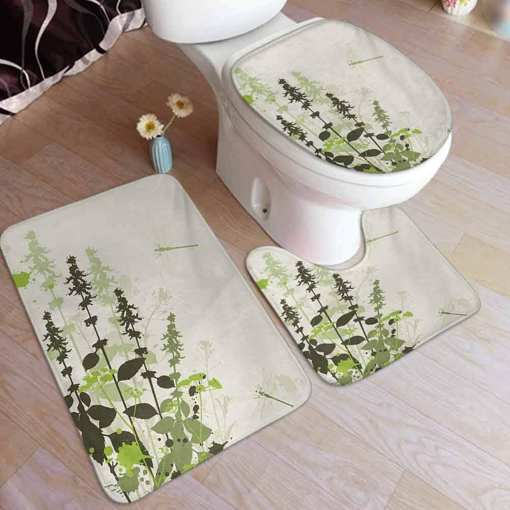 Ahuimin 3 Pieces Bathroom Rug Set, Nature Plants Grass with Wildflowers