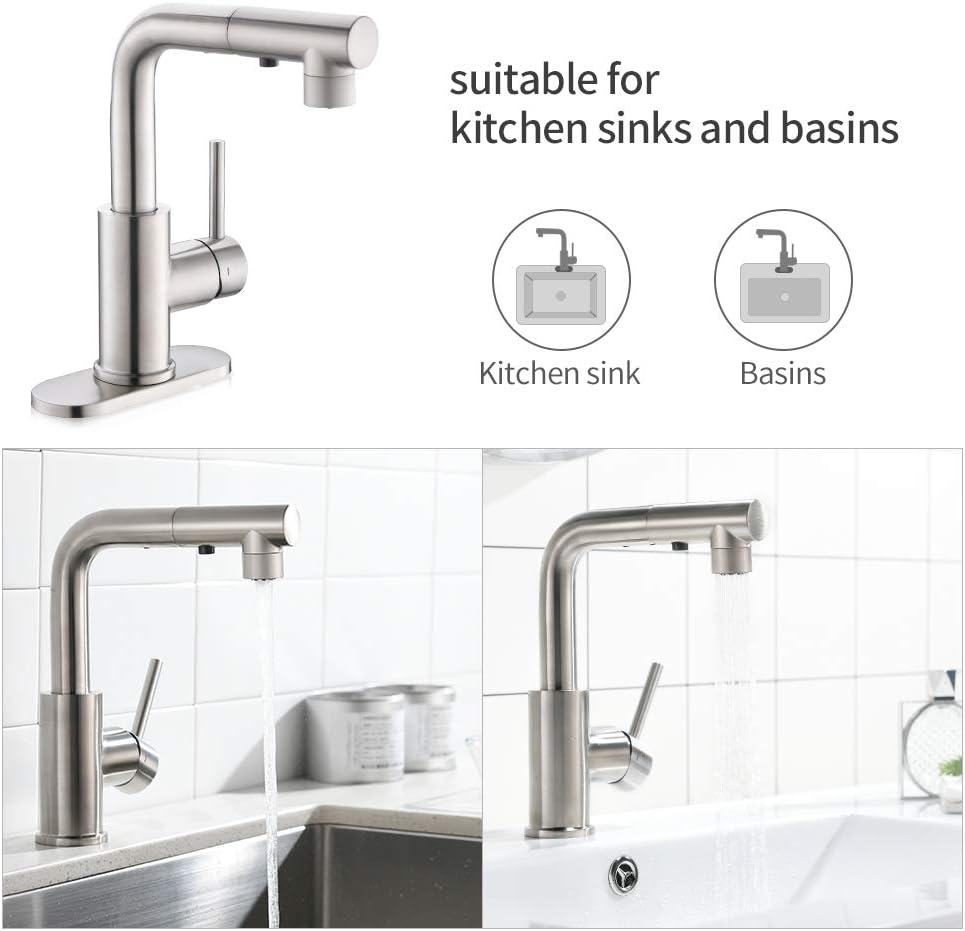Bar & Prep Sink Faucet with Magnetic Docking Sprayer, Pull Out Bathroom Faucet in Brush Nickel, Wet & Mini Bar Faucet - - 