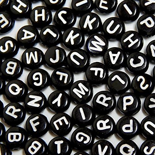 ACRYLIC SPACER BEADS ALPHABET 7mm BLACK with WHITE LETTERS 100pc CALCULATED COUNT
