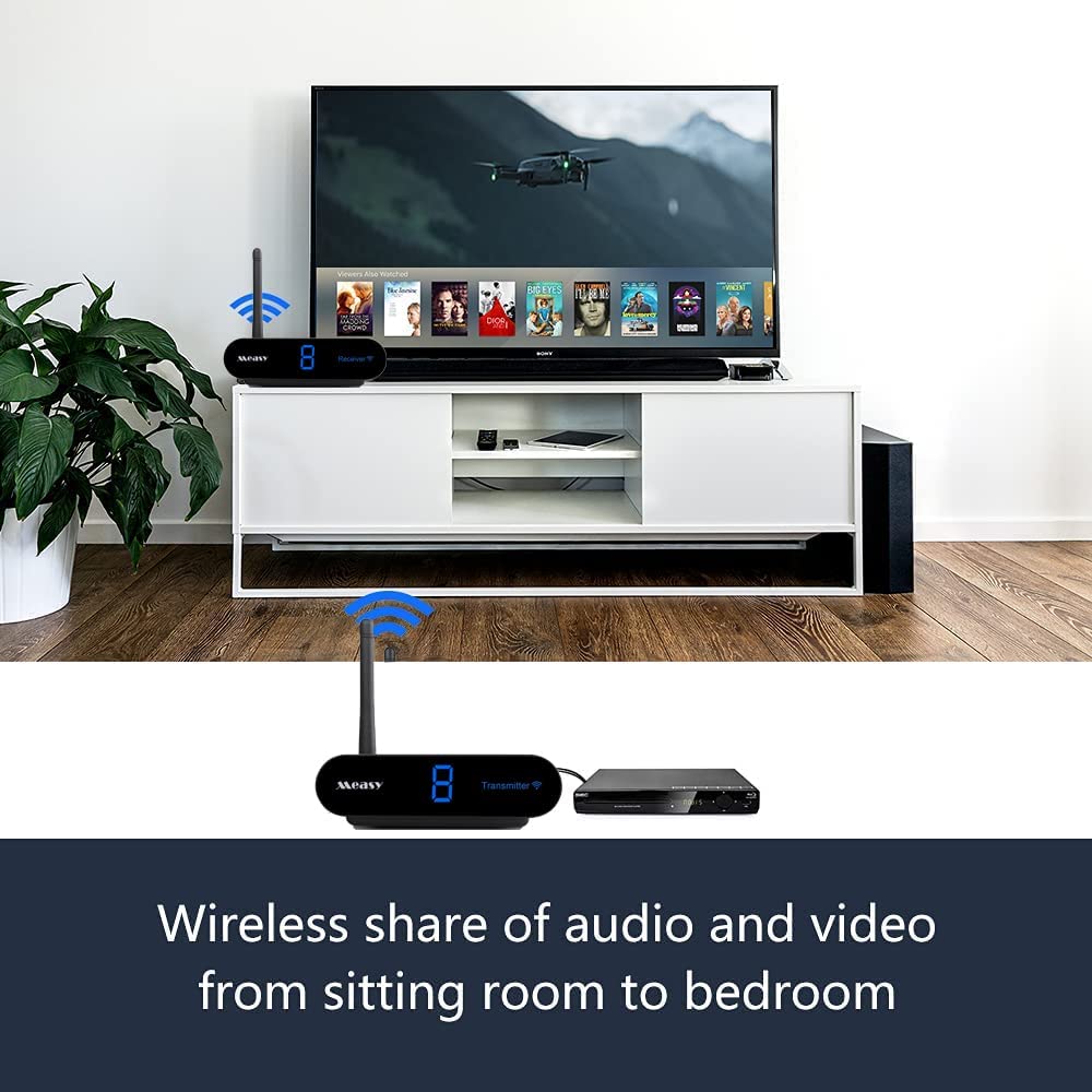 measy AV24 2.4GHz 8 Channel Video & Audio Transmitter & Receiver with IR Remote Extender for Streaming Cable, Satellite, DVD to TV Wirelessly for RCA Cable - Not Compatible with HDMI (AV24)