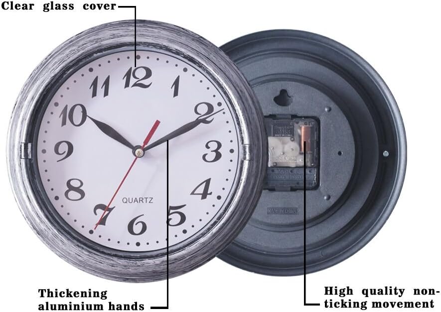Decorative Silent Wall Clock Non-Ticking 8 Inches Quartz Battery Operated Decor Wall Clock Vintage Silver Metalic Looking Large Number Easy to Ready for Home School Hotel Office (Silver): Kitchen & Dining