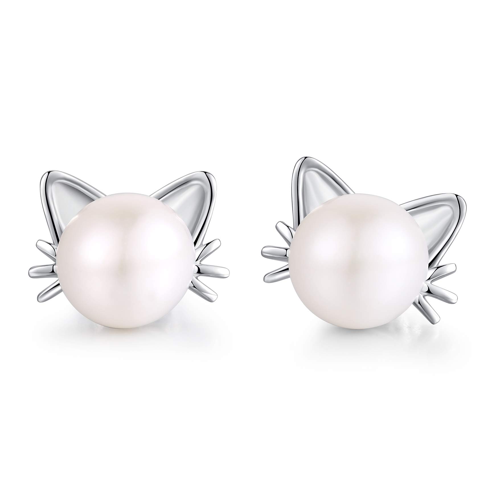 JiaYang White Gold Cat Pearl Earrings for Women Sterling Silver Cats Stud Earrings with White Pearls Cute Kitty Cat Animal Earrings for Daughter Girls
