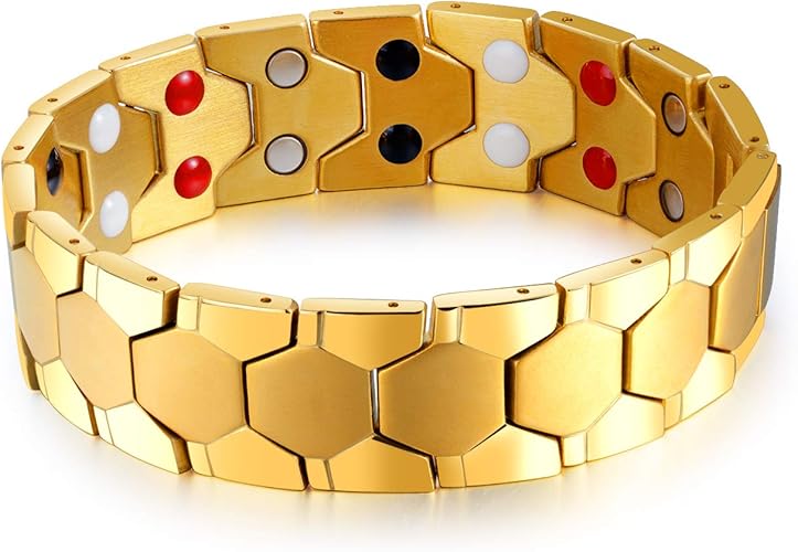 Amazon メンズ パワーストーン ブレスレット ゴールド ゲルマニウム人気 おしゃれ 磁気 磁石 幅広 バングル マグネット腕輪 ステンレス チタン製 男性 ブレスレット 金 Lannuoshi 21 J010 ブレスレット 通販