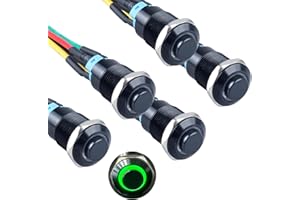 DMWD 5Pcs 12mm Raised Head Metal Latching Push Button Switch Black Shell with 15cm Pre-soldered Cable 1NO 12V-24V ON-Off for 1/2" Mounting Hole with Halo Ring Green LED