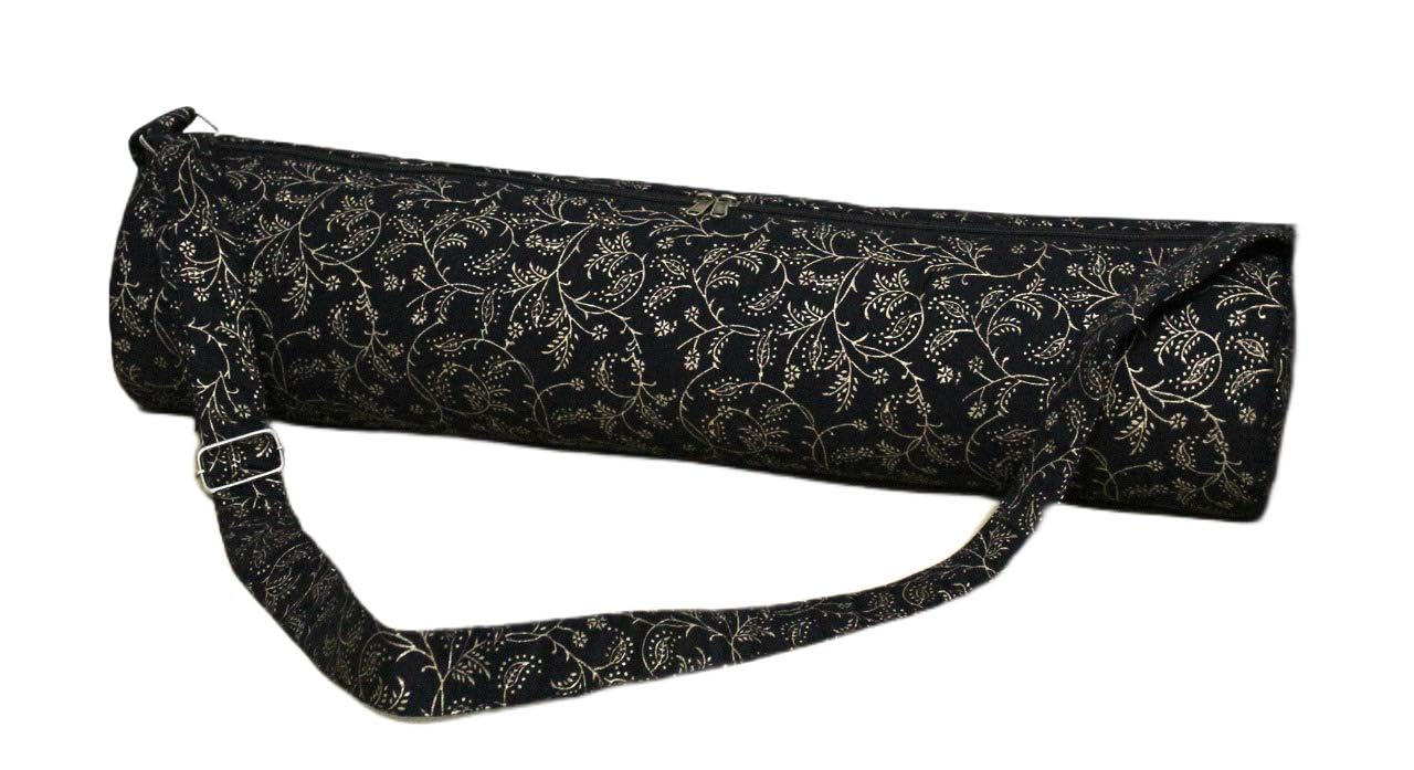 INDIAN CRAFT CASTLE ICC Block Print Flower Hippie Yoga Mat Carrier Bag with Shoulder Strap Yoga Mat Bag Gym Bag Boho Beach Bag (Black Gold)