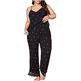 SHENHE Women's Plus Size Pajama Set Cherry Print Cami and Pants Lace Trim Sleepwear Lounge Set