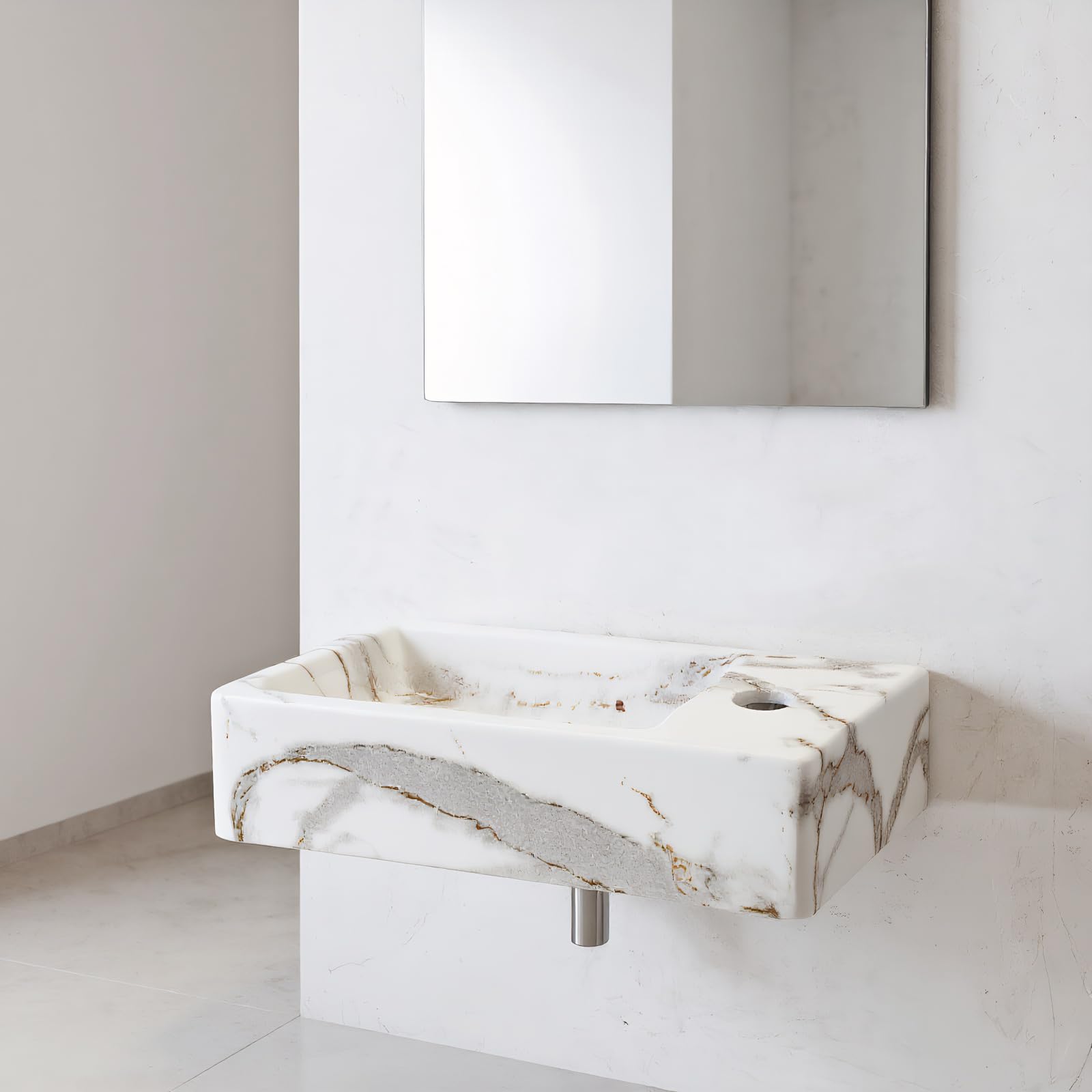 Photo 1 of MEKKHALA Wall Mount White Vessel Sink 15 inch Marbling Floating Bathroom Bowl Sinks Rectangular Vessel Sink Small Ceramic Porcelain Basin Bowls for Narrow Bathrooms Space Saving Design (Right Hand)